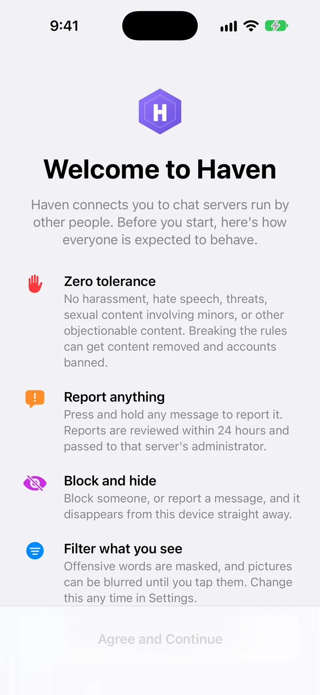 Haven iOS welcome screen listing community standards
