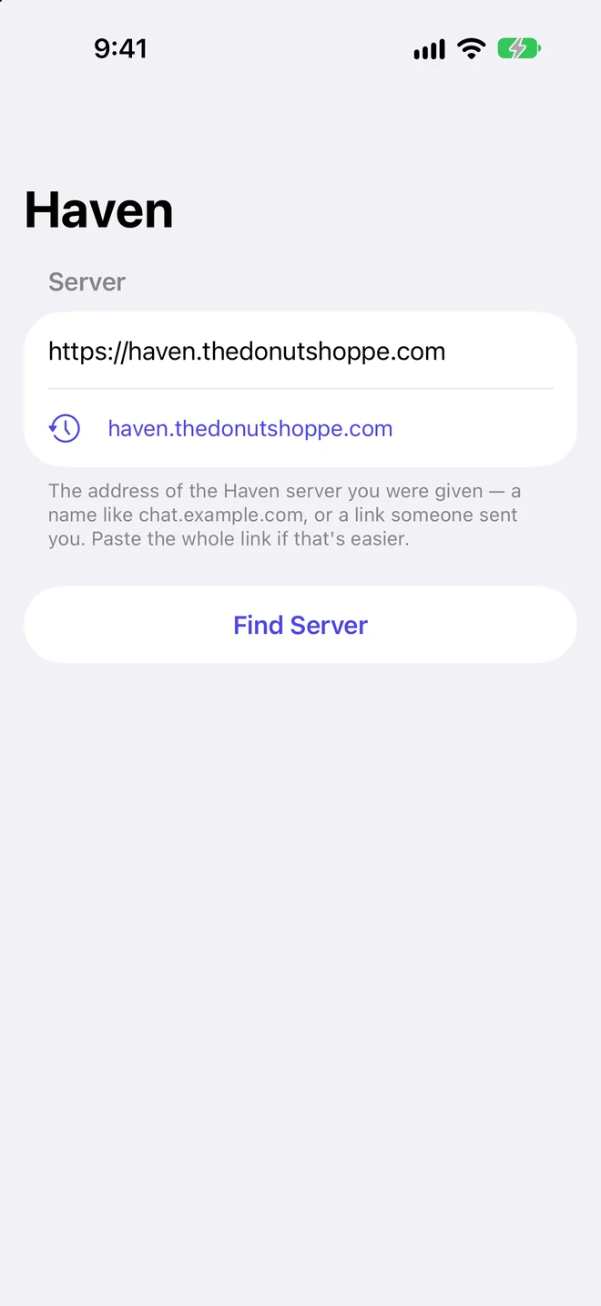 Haven iOS server step with a server address entered