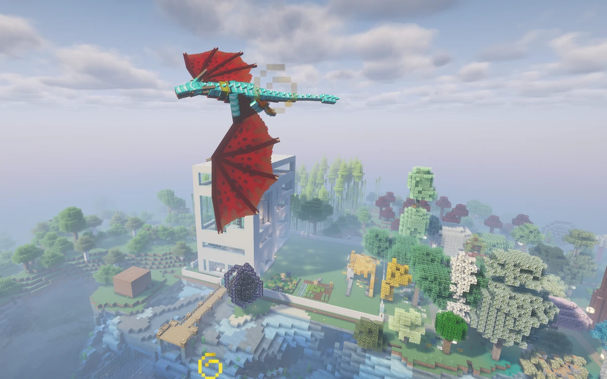 A dragon flying over a build on The Donut Shoppe’s Minecraft server